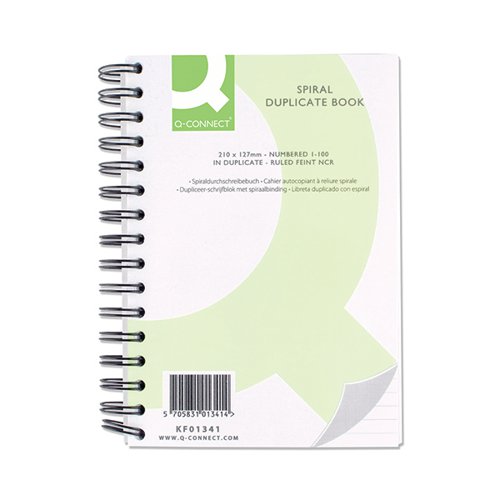 KF01341 | The Q-Connect Spiral Duplicate Book features 100 sets of paper and two carbonless copy sheets with sequential numbering on each sheet for easier organisation, and an index card that can be moved to shield each set of pages. The top sheet is perforated so you can pull it out and retain a duplicate in the book for future reference, and it is spiral bound, allowing the pages lie flat for ease of writing.