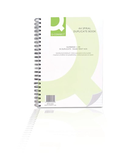KF01342 | The Q-Connect Spiral Duplicate Book features 100 sets of paper and two carbonless copy sheets with sequential numbering on each sheet for easier organisation, and an index card that can be moved to shield each set of pages. The top sheet is perforated so you can pull it out and retain a duplicate in the book for future reference, and it is spiral bound, allowing the pages lie flat for ease of writing.