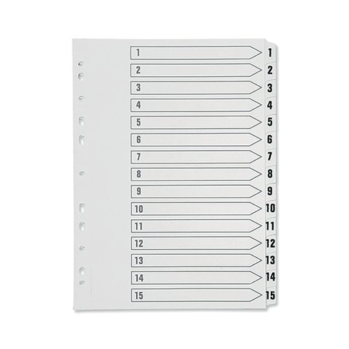 Made of durable polypropylene, this Q-Connect Index is numbered 1-15 to help you organise your filing. A front index card allows you to label your notes for quick and easy referencing. Multi-punched to fit standard A4 ring binders and lever arch files, this 15-part index is pre-printed 1-15 and comes in a pack of 1.