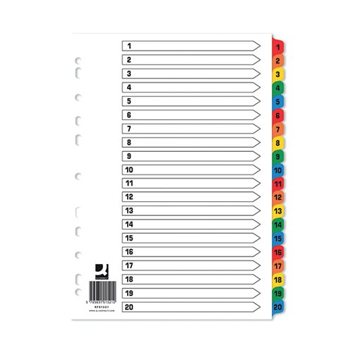 Q-Connect Index 1-20 Board Reinforced Multicoloured (Pack of 10) KF01521Q