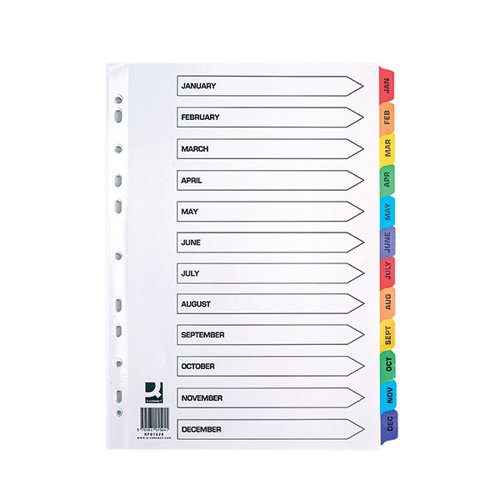 This Q-Connect January-December index divider provides a clear and simple filing solution for your everyday office needs. The front index sheet provides space for labelling to make referencing your notes quick and easy. Made from plain white card with multi-coloured Mylar tabs for extra reinforcement. This 12 part index comes with pre-printed tabs (January-December) and is multi-punched to fit standard lever arch files or ring binders.