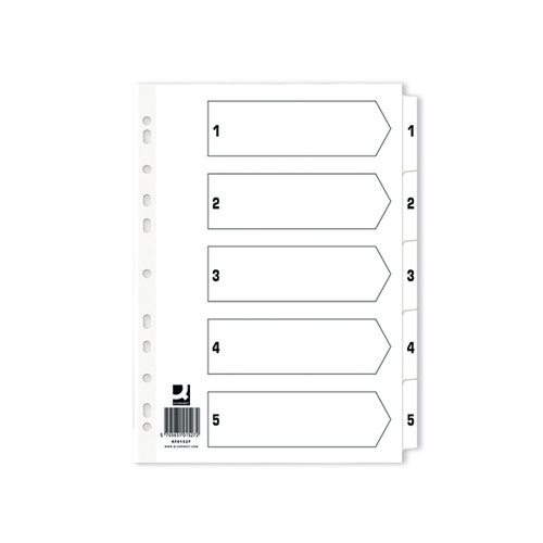 This Q-Connect 1-5 numbered index divider provides a clear and simple filing solution for your everyday office needs. The front index sheet provides space for labelling to make referencing your notes quick and easy. Made from plain white board with clear tabs that are Mylar-coated for extra reinforcement, this index comes with pre-printed tabs (1-5) and is multi-punched to fit standard A4 lever arch files or ring binders. Supplied in a pack of 50.