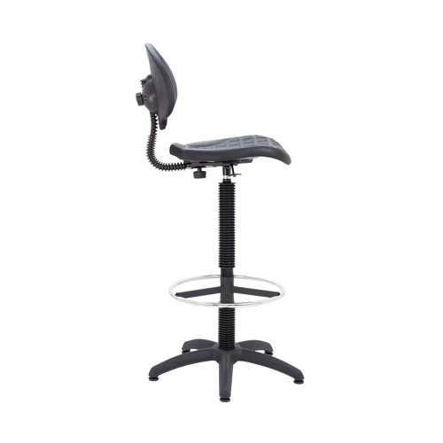 This Jemini draughtsman chair features a durable, ergonomically shaped seat that wipes clean with ease. Ideal for factory, warehouse, laboratory or workshop use, the chair is made from polyurethane material that is both tough and soft, for comfort that can withstand the rigours of heavy duty use. The seat features gas height adjustment from 700mm to 810mm, five swivel castors to allow easy movement but we recommend using the glides provided, and a metal ring footrest for additional comfort.