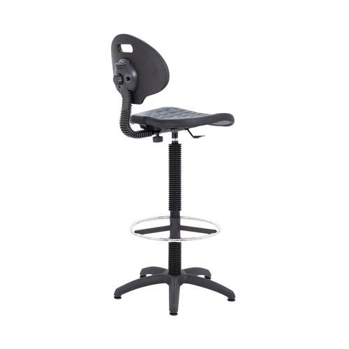This Jemini draughtsman chair features a durable, ergonomically shaped seat that wipes clean with ease. Ideal for factory, warehouse, laboratory or workshop use, the chair is made from polyurethane material that is both tough and soft, for comfort that can withstand the rigours of heavy duty use. The seat features gas height adjustment from 700mm to 810mm, five swivel castors to allow easy movement but we recommend using the glides provided, and a metal ring footrest for additional comfort.