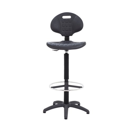 KF017052 | This Jemini draughtsman chair features a durable, ergonomically shaped seat that wipes clean with ease. Ideal for factory, warehouse, laboratory or workshop use, the chair is made from polyurethane material that is both tough and soft, for comfort that can withstand the rigours of heavy duty use. The seat features gas height adjustment from 700mm to 810mm, five swivel castors to allow easy movement but we recommend using the glides provided, and a metal ring footrest for additional comfort.