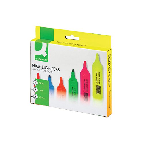 Mark important sections of documents with these vibrant Q-Connect Highlighters. The chisel tip allows for controlled and precise highlighting and underlining, and the ink is bright and fade-resistant for long lasting results. Ideal for revision and general office and home use, this assorted pack contains 6 highlighter pens in fluorescent yellow, pink, orange, green, blue and red.