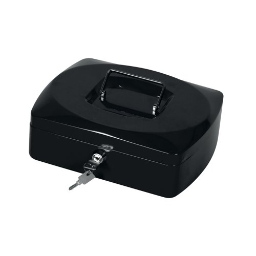 KF02603 | Store cash securely on site with this Q-Connect Cash Box, which is fully lockable and comes supplied with two keys for dual points of access. It offers portable money storage at outdoor retail operations or for transporting cash from one location to another. A removable cash tray has individual compartments for notes and change, leaving a large space underneath for receipts, vouchers and other valuable objects needing to be locked away.