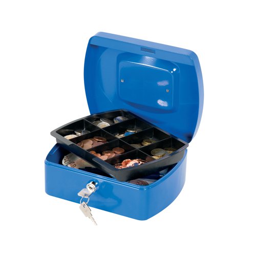 KF02623 | Store cash securely on site with this Q-Connect Cash Box, which is fully lockable and comes supplied with two keys for dual points of access. It offers portable money storage at outdoor retail operations or for transporting cash from one location to another. A removable cash tray has individual compartments for notes and change, leaving a large space underneath for receipts, vouchers and other valuable objects needing to be locked away.