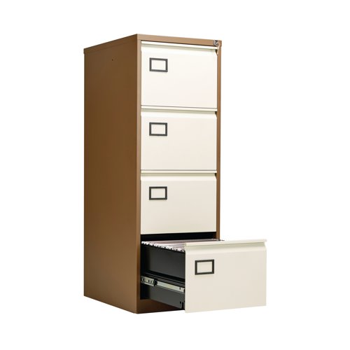 KF03002 | Store your files and documents safely and securely in this stylish, four drawer filing cabinet. Made from robust material and featuring an anti-tilt mechanism it offers sturdy support ideal for everyday use. Each drawer can be fully extended for ease of access and are mounted on smooth, rollerball runners that enable you to open and close them effortlessly. The cabinet can be locked offering ultimate security for your confidential papers.