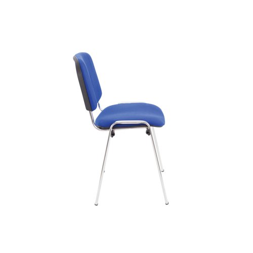 KF03349 | These chairs are a versatile answer to all of your seating needs, combining comfort with practicality. They can be stacked for easy storage, meaning that they are perfect for meeting rooms and conferences where you may need to switch the seating around. The chairs feature an elegant design that provides support to the upper back and provides a cushioned, soft seat upholstered in blue. The legs are made from tough chrome-finish metal to ensure that they will not buckle or break.