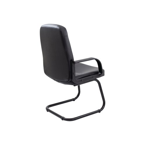 This Jemini Rhone leather look chair is an executive level visitor chair for reception areas, waiting rooms or private offices. The high back and plush padded seat provides comfort for up to 8 hours. Integrated armrests and cantilever legs provide additional support. This high quality chair is upholstered in black leather look material.