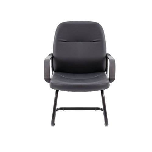 This Jemini Rhone leather look chair is an executive level visitor chair for reception areas, waiting rooms or private offices. The high back and plush padded seat provides comfort for up to 8 hours. Integrated armrests and cantilever legs provide additional support. This high quality chair is upholstered in black leather look material.