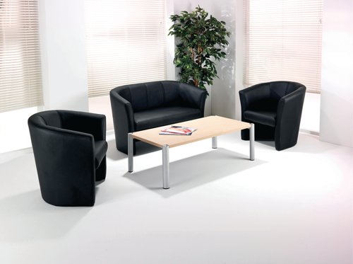 The tub chair is a design classic. Whether you are planning to put it in a reception or in break room, this chair is professional and adaptable for a number of situations. This stylish tub chair by Arista continues this tradition, upholstered in black vinyl to fit a company's reception just as well as it would in a premium coffee shop. The seat is comfortable, with a strong back support and cushioned seats that prevent discomfort.