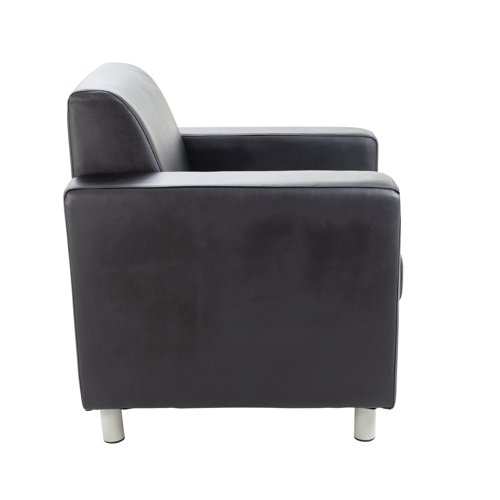 KF03529 | This plush, elegant armchair provides comfort, luxury and great support, as well as a stylish, modern design. Four chrome legs afford a strong base and thick black armrests on either side offer additional comfort and support. The slanted back rest enables you to relax, perfect for reception and waiting areas. This armchair is finished in premium black top-grain leather for a quality appearance and feel.