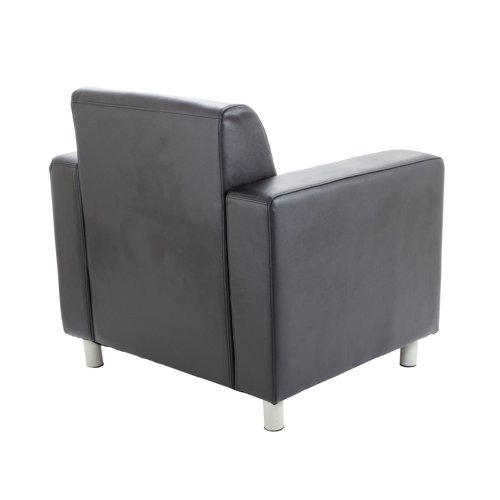 This plush, elegant armchair provides comfort, luxury and great support, as well as a stylish, modern design. Four chrome legs afford a strong base and thick black armrests on either side offer additional comfort and support. The slanted back rest enables you to relax, perfect for reception and waiting areas. This armchair is finished in premium black top-grain leather for a quality appearance and feel.