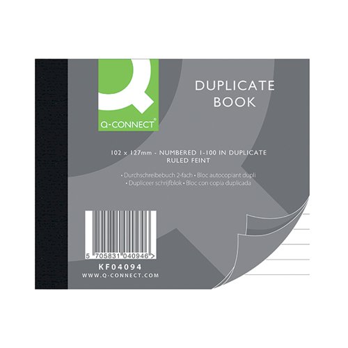 KF04094 | Great for creating quick and clear copies of your messages, the Q-Connect Duplicate Book features 100 numbered sheets, making it easy to keep on top of your copies. Every sheet of paper is perforated, meaning that it is easy to remove it from the book and all pages feature a feint ruled line, ensuring that everything you write is as neat as possible. It comes with two sheets of carbon paper.