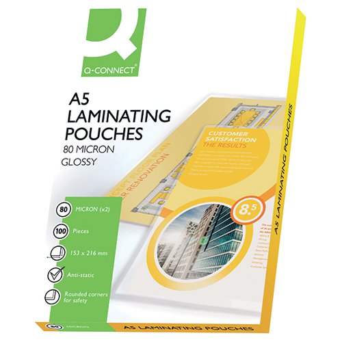 Laminated documents are waterproof, tear proof and protected against damage. Perfect for archiving, posters or signage, these Q-Connect Laminating pouches work flawlessly with your laminator to deliver professional looking results. With 80 micron each side and supplied in packs of 100 pouches, this product ensures you have supplies for as long as needed. Q-Connect offer high quality office supplies designed to give your business an effective solution to all your stationery needs.