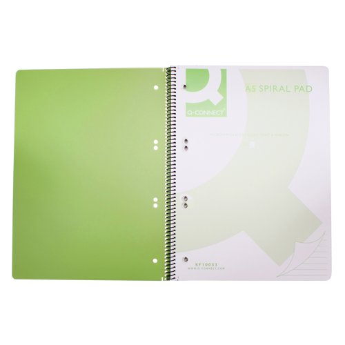 Ideal for everyday use, this Q-Connect A5 notebook features a spiral binding with durable, wipe clean polypropylene covers. The notebook contains 160 pages (80 sheets) of 70gsm woodfree paper, which is feint ruled with a red margin for neat note-taking and micro-perforated for ease of use. Both the pages and the covers are hole punched for ease of filing. This pack contains 5 notebooks with translucent green covers.