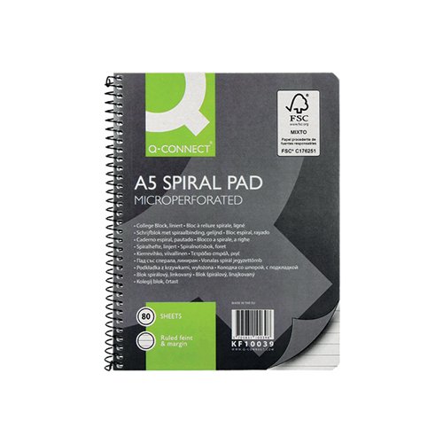 Q-Connect Ruled Margin Spiral Soft Cover Notebook 160 Pages A5 (Pack of 5) KF10039 - KF10039