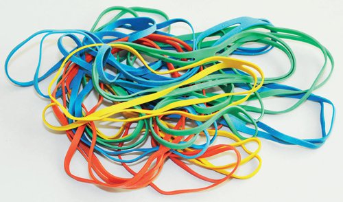 These handy rubber X-Bands stretch in four directions to secure files and packages. Easier than using multiple rubber bands and more secure than string, these X-Bands measure 100mm. This 100g pack comes in assorted colours.