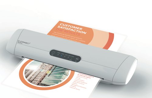 KF17006 | This Q-Connect professional laminator will coat anything from business cards up to A3 documents and posters in 150 microns of plastic. This is useful for protecting your important documents against dirt and water damage, and gives them a professional finish, making it perfect for business use. With a warm-up time of 5 minutes, and a laminating speed of 410mm per minute, this laminator is ideal for quick, low budget tasks. It also features LED indicators to let you know when it is on and ready, and a 4 roller system to improve laminating quality.