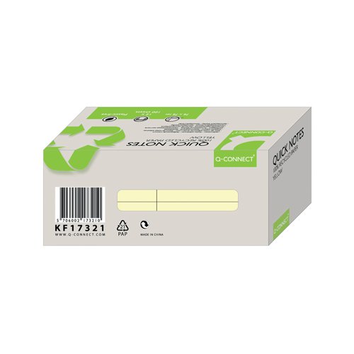 Ideal for making notes or leaving messages and reminders at work, these Q-Connect Recycled Notes have a strong adhesive that will stick to most surfaces and remove cleanly. Each pad of repositionable notes contains 80 sheets and measures 76 x 76mm. This pack contains 12 yellow pads.