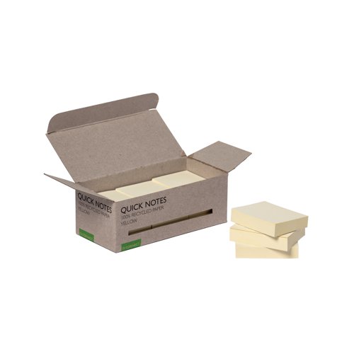 Ideal for making brief notes or leaving messages and reminders at work, these Q-Connect Recycled Notes have a strong adhesive that will stick to most surfaces and remove cleanly. Each pad of repositionable notes contains 100 sheets and measures 38 x 51mm. This pack contains 12 yellow pads.