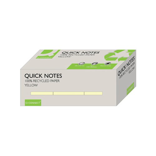 KF17323 | Ideal for making brief notes or leaving messages and reminders at work, these Q-Connect Recycled Notes have a strong adhesive that will stick to most surfaces and remove cleanly. Each pad of repositionable notes contains 100 sheets and measures 38 x 51mm. This pack contains 12 yellow pads.