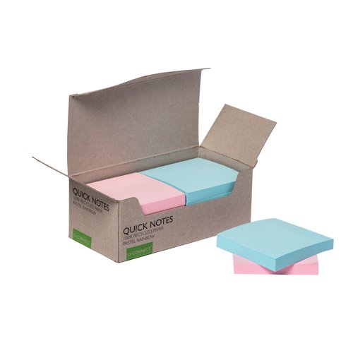 KF17324 | Ideal for making notes or leaving messages and reminders at work, these Q-Connect Recycled Notes have a strong adhesive that will stick to most surfaces and remove cleanly. Each pad of repositionable notes contains 80 sheets and measures 76 x 76mm. This pack contains 12 pads in assorted pastel colours, including blue and pink.