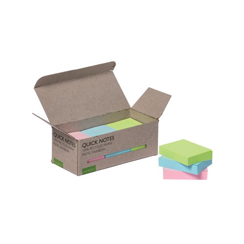 KF17326 | Ideal for making brief notes or leaving messages and reminders at work, these Q-Connect Recycled Notes have a strong adhesive that will stick to most surfaces and remove cleanly. Each pad of repositionable notes contains 100 sheets and measures 38 x 51mm. This pack contains 12 pads in assorted pastel colours, including blue, yellow, green and pink.