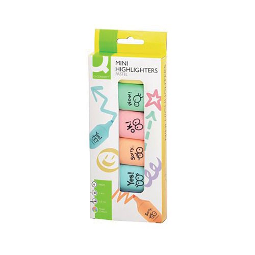 The Q-Connect joyful mini highlighter set contains handy, compact highlighters with cute, expressive eyes printed on the barrel. The chisel tip draws both broad lines for highlighting or narrow lines for underlining. Suitable for most papers and will not fade on fax paper, these six assorted pastel highlighters come in yellow, green, pink, orange, blue and purple.