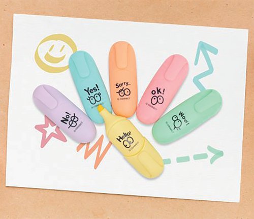 The Q-Connect joyful mini highlighter set contains handy, compact highlighters with cute, expressive eyes printed on the barrel. The chisel tip draws both broad lines for highlighting or narrow lines for underlining. Suitable for most papers and will not fade on fax paper, these six assorted pastel highlighters come in yellow, green, pink, orange, blue and purple.