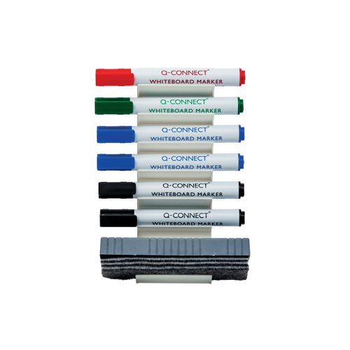 This handy, horizontal Q-Connect Whiteboard Pen Holder holds up to 6 standard drywipe markers and a board eraser for quick, convenient access. The self-adhesive back is easy to apply to the surface of the board and the universal design is suitable for use with most drywipe markers. This pack contains 1 discreet white holder, a whiteboard eraser and 6 drywipe markers.