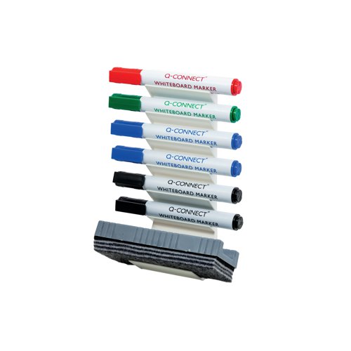 This handy, horizontal Q-Connect Whiteboard Pen Holder holds up to 6 standard drywipe markers and a board eraser for quick, convenient access. The self-adhesive back is easy to apply to the surface of the board and the universal design is suitable for use with most drywipe markers. This pack contains 1 discreet white holder, a whiteboard eraser and 6 drywipe markers.