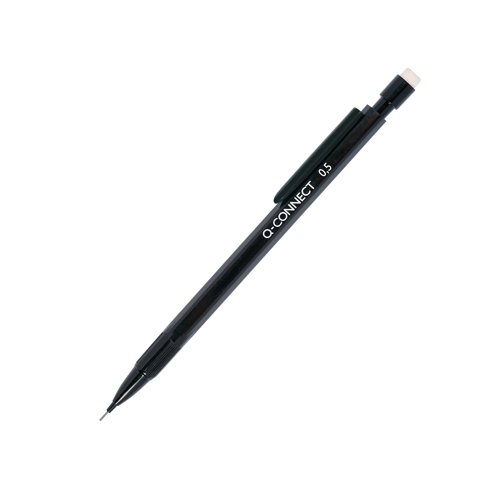 KF18046 | This high quality Q-Connect mechanical pencil has a built in eraser and pocket clip for convenience in use. The pencil contains 0.5mm HB lead for writing, sketching and drawing at home, work or school. This highly economical pencil is supplied with 3 x 0.5mm leads for long lasting use. This pack contains 10 pencils with black barrels.