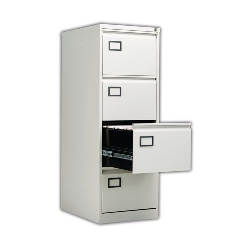 Store your files and documents safely and securely in this stylish, four drawer filing cabinet. Made from robust material and featuring an anti-tilt mechanism it offers sturdy support ideal for everyday use. Each drawer can be fully extended for ease of access and are mounted on smooth, rollerball runners that enable you to open and close them effortlessly. The cabinet can be locked offering ultimate security for your confidential papers.