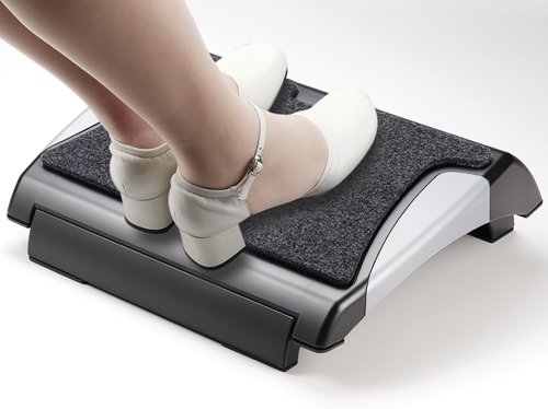 This Q-Connect Ergonomic Footrest features a comfortable surface with a removable, washable carpet. The footrest also features 4 height adjustments from 30mm to 128mm and an angle incline up to 25 degrees. This black and silver footrest has a platform size of 400 x 350mm.