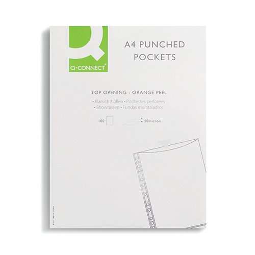 Q-Connect Punched Pockets Polypropylene 50 Micron A4 Embossed (Pack of 100) KF24001 Punched Pockets KF24001