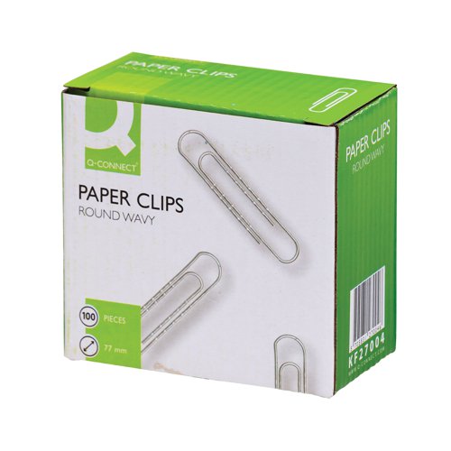 A simple way to collate papers, these quality 77mm Q-Connect Wavy Paperclips are ideal for general office and home use. The strong, durable wire construction is designed for frequent and long lasting use, with a wavy design for increased grip. This bulk pack contains 100 paperclips.