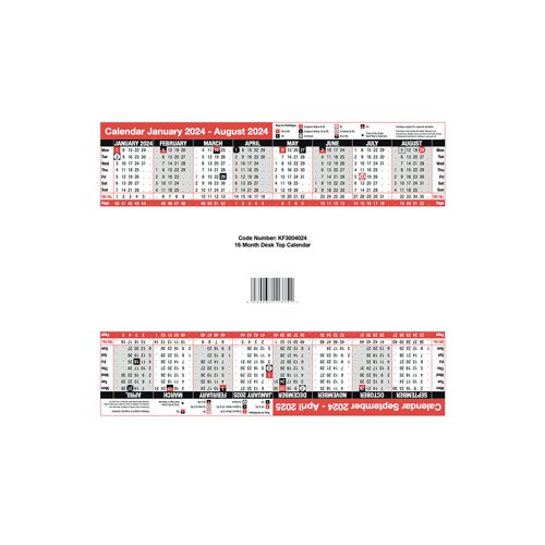This handy 16 month desk calendar features January to August 2024 on one side and September 2024 to April 2025 on the other, for long term planning. Includes details for the UK bank holidays and specific holidays for Ireland, Northern Ireland, Scotland, England and Wales. The handy design is supplied as a flat die-cut card ready to fold into a self assembly to form a triangular calendar for convenient desktop use. This calendar measures approximately 265 x 65mm when assembled.