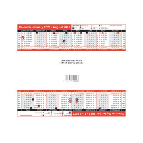 KF3004025 | This handy 16 month desk calendar features January to August 2025 on one side and September 2025 to April 2026 on the other, for long term planning. Includes details fo the UK bank holidays and specific holidays for Ireland, Northern Ireland, Scotland, England and Wales. The handy design is supplied as a flat die-cut card ready to fold into a self assembly to form a triangular calendar for convenient desktop use. This calendar measures approximately 265 x 65mm when assembled.