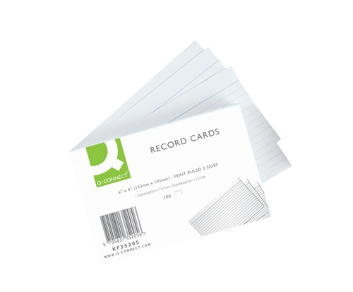 Q-Connect Record Cards can be used for revision, prompts, archiving, indexing and storyboarding. Measuring 152 x 102mm (6 x 4 inches), the cards are feint ruled on both sides, ideal for storing contact information and keeping neat and legible notes. This pack contains 100 record cards, which can be used in conjunction with corresponding Q-Connect Guide Cards and Index Boxes (available separately).