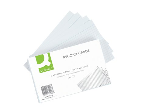 Q-Connect Record Cards can be used for revision, prompts, archiving, indexing and storyboarding. Measuring 203 x 127mm (8 x 5 inches), the cards are feint ruled on both sides, ideal for storing contact information and keeping neat and legible notes. This pack contains 100 record cards, which can be used in conjunction with corresponding Q-Connect Guide Cards and Index Boxes (available separately).