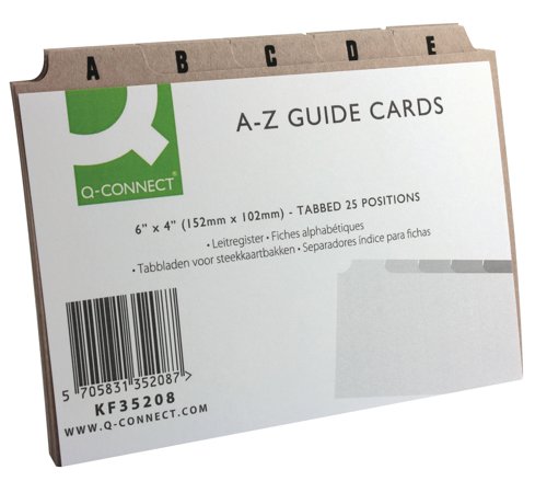 KF35208 | Separate your record cards into an A-Z index using these Q-Connect Guide Cards. Each card has a tabbed reference to a letter of the alphabet leaving you free to distribute your note, archives and information taken down on record cards behind the relevant guide and create a alphabetised index system. Ideal for storing contact information organised by surname or company name. Buff coloured to separate them from white record cards for easy, at a glance retrieval. These guide cards measure 152x102mm (6x4 inches) and can be used with Q-Connect record cards and index boxes (available separately).