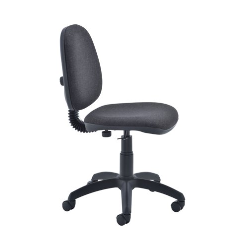 This Jemini Medium Back Operator Chair features a firm foam back and seat with a charcoal fabric covering. The fixed back design allows the seat and back height to be adjusted for comfort for up to 5 hours usage. This Jemini Operator Chair sits on five castors for ease of movement. Arms available separately.