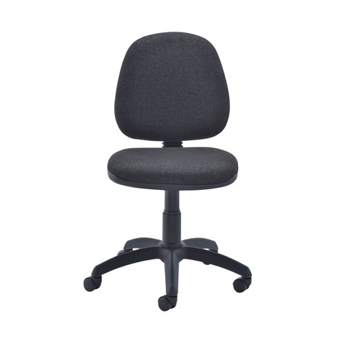 This Jemini Medium Back Operator Chair features a firm foam back and seat with a charcoal fabric covering. The fixed back design allows the seat and back height to be adjusted for comfort for up to 5 hours usage. This Jemini Operator Chair sits on five castors for ease of movement. Arms available separately.