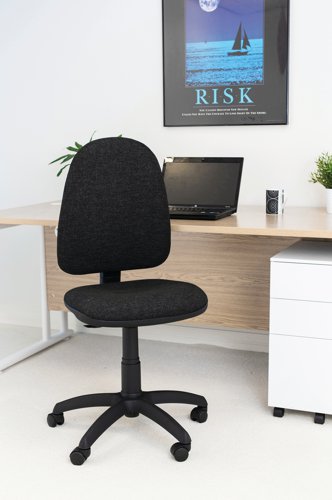 KF50172 | This entry level Jemini high back operator chair features a firm foam back and seat with a charcoal fabric covering. The seat and back height are adjustable, with an option for the angle of the back to be fixed or free floating. Recommended for up to 5 hours usage, this Jemini operator chair sits on five castors for ease of movement.