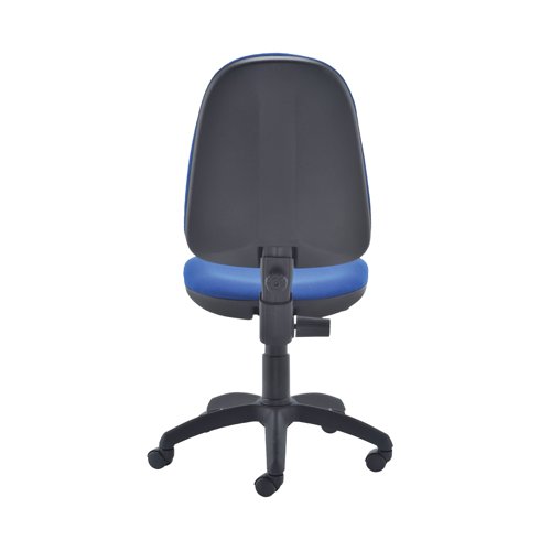 This entry level Jemini high back operator chair features a firm foam back and seat with a blue fabric covering. The seat and back height are adjustable, with an option for the angle of the back to be fixed or free floating. Recommended for up to 5 hours usage, this Jemini operator chair sits on five castors for ease of movement.