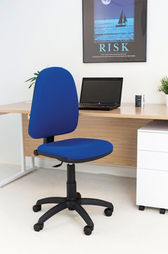 This entry level Jemini high back operator chair features a firm foam back and seat with a blue fabric covering. The seat and back height are adjustable, with an option for the angle of the back to be fixed or free floating. Recommended for up to 5 hours usage, this Jemini operator chair sits on five castors for ease of movement.