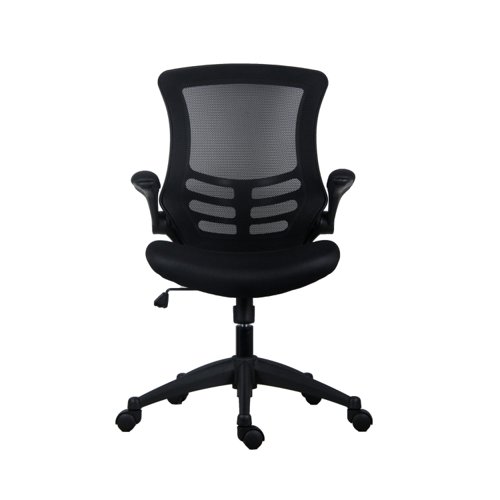 Jemini Jaya Operator Chair is a lightweight office chair with a breathable mesh back, folding arms with padded arm pads, colour-matched to the back and seat. Featuring a lock-tilt mechanism with torsion control, enabling the user to choose whether to sit at a fixed tilt angle, or float freely. It has a 5 star, height adjustable swivel base with castors. Suitable for up to 8 hours usage.